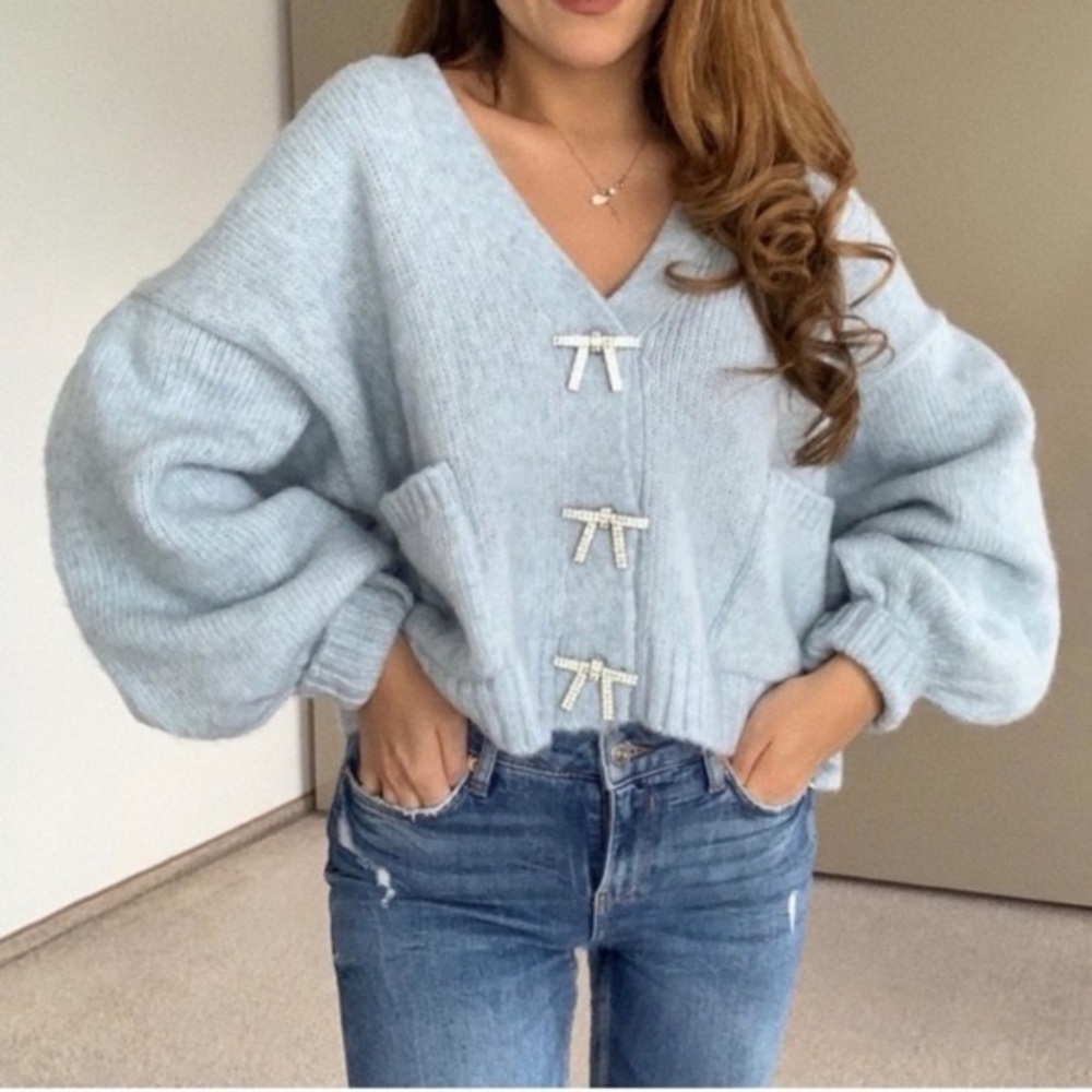 Zara Blogger Favorite Blue Crystal Rhinestone Bow Cardigan